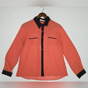 Blu Pepper Sheer Orange &‎ Black Button Up Long Sleeve Women's Blouse Size Large